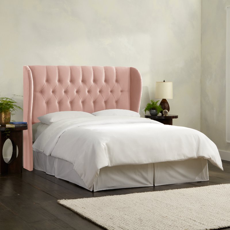Blush Pink Velvet Wingback Queen, Queen Bed With Cushioned Headboard