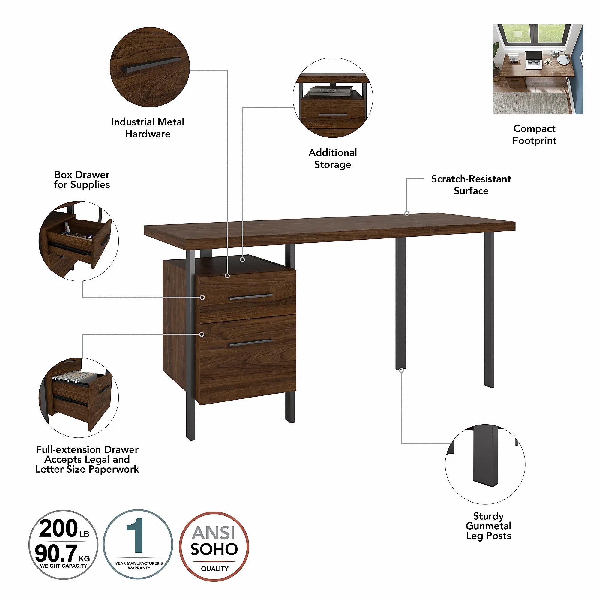 ACD160MW-03 Modern Walnut 60 inch Writing Desk with Drawers - Architect-4