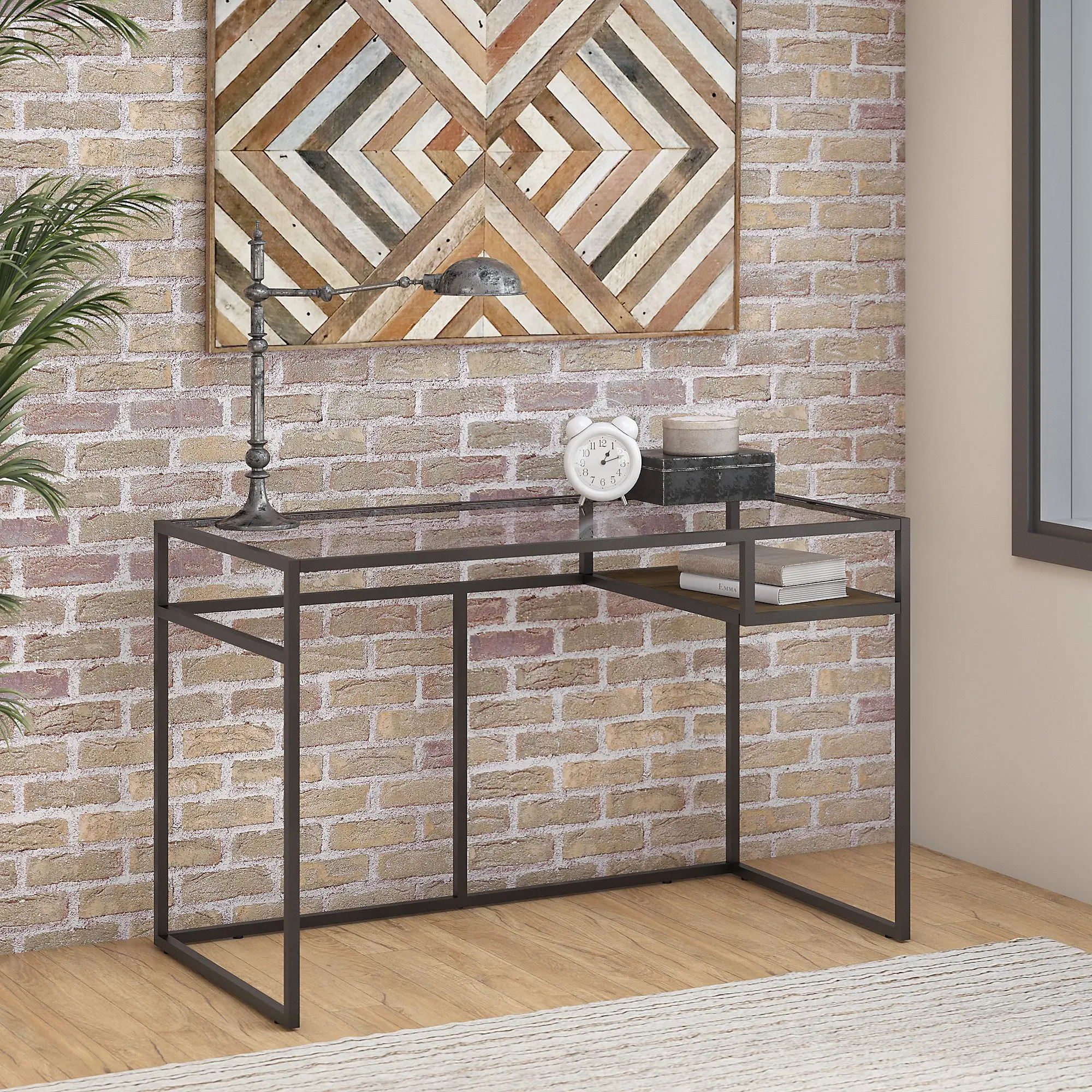 ATD148RB-03 Anthropology Rustic Brown 48 Glass Top Writing Desk with Shelf-1