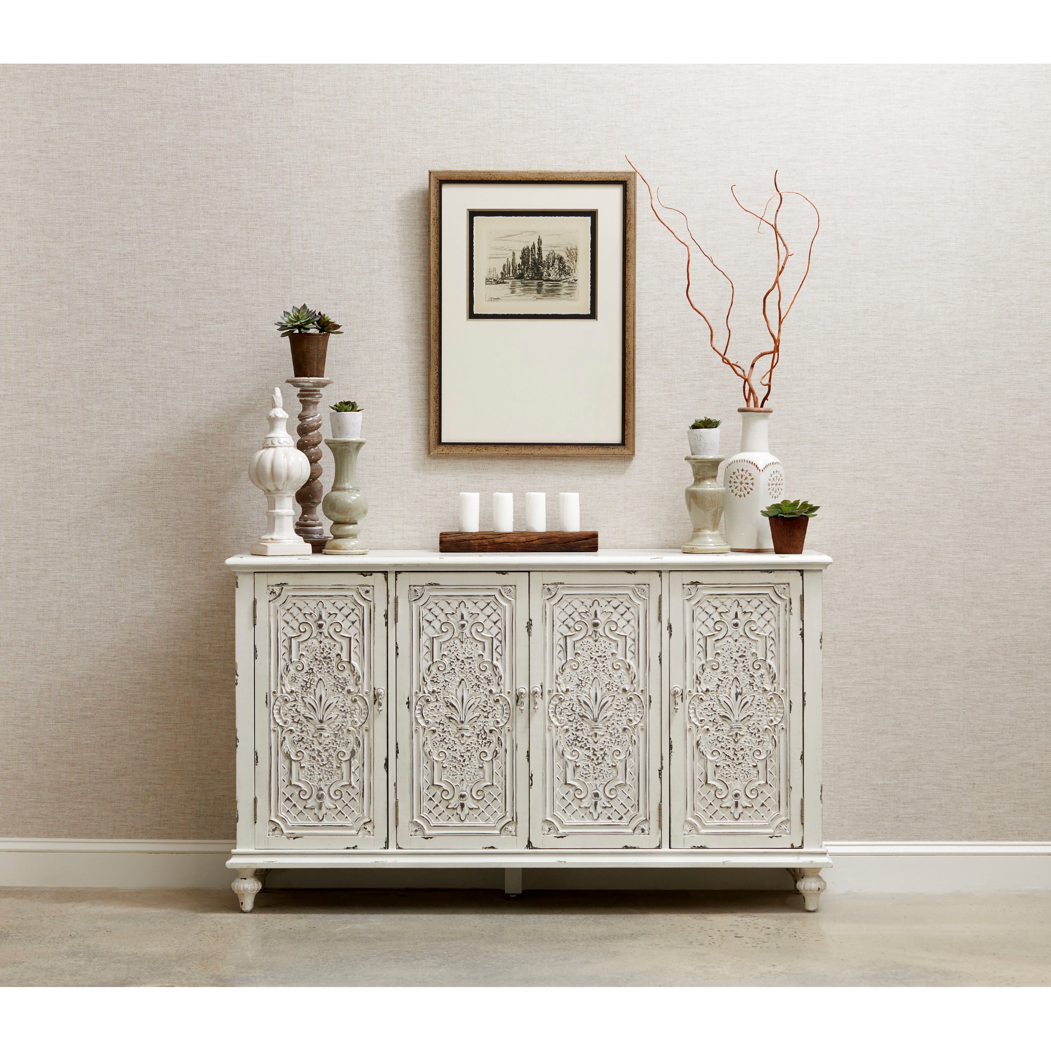 Ornate Antique White 60 Inch White 4 Door Console - Modern Eclectic-1