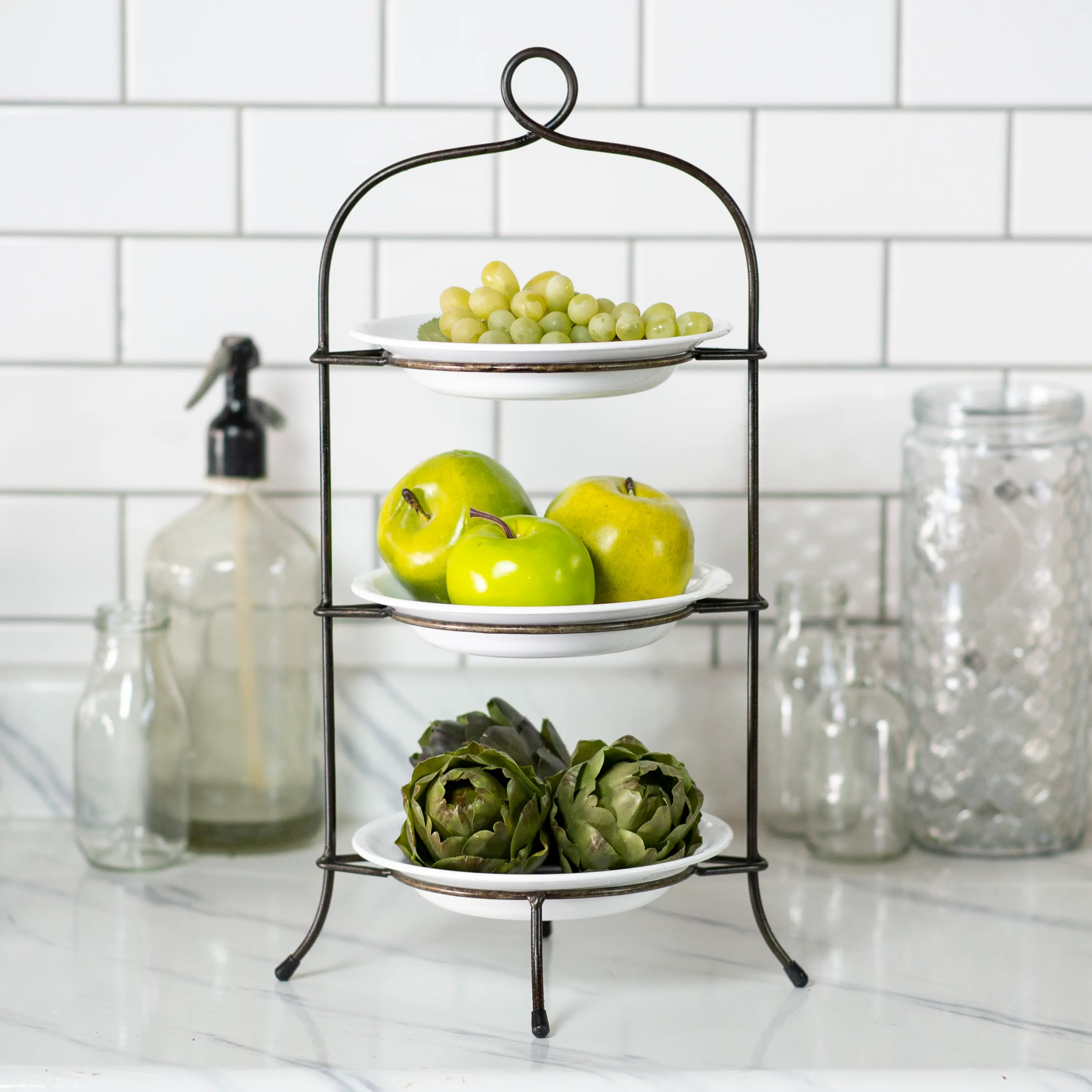 Dark Bronze Three Tiered Metal Tray with Three Bowls-2