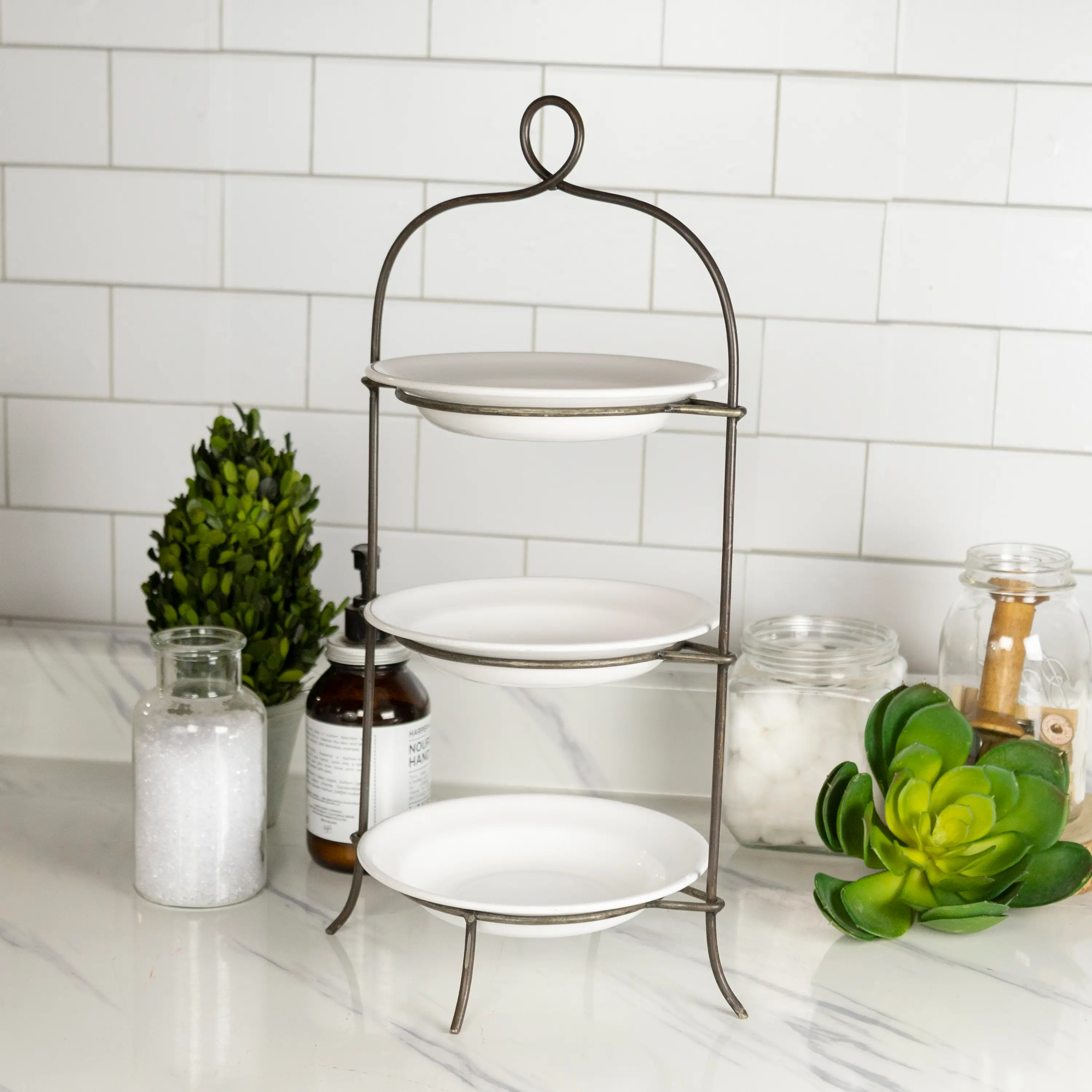 Dark Bronze Three Tiered Metal Tray with Three Bowls-3