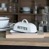 White Enamel Butter Dish with Black Lettering