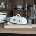 White Enamel Butter Dish with Black Lettering