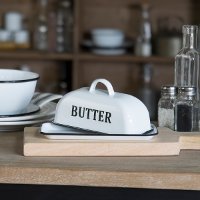 White Enamel Butter Dish with Black Lettering