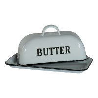 White Enamel Butter Dish with Black Lettering-4