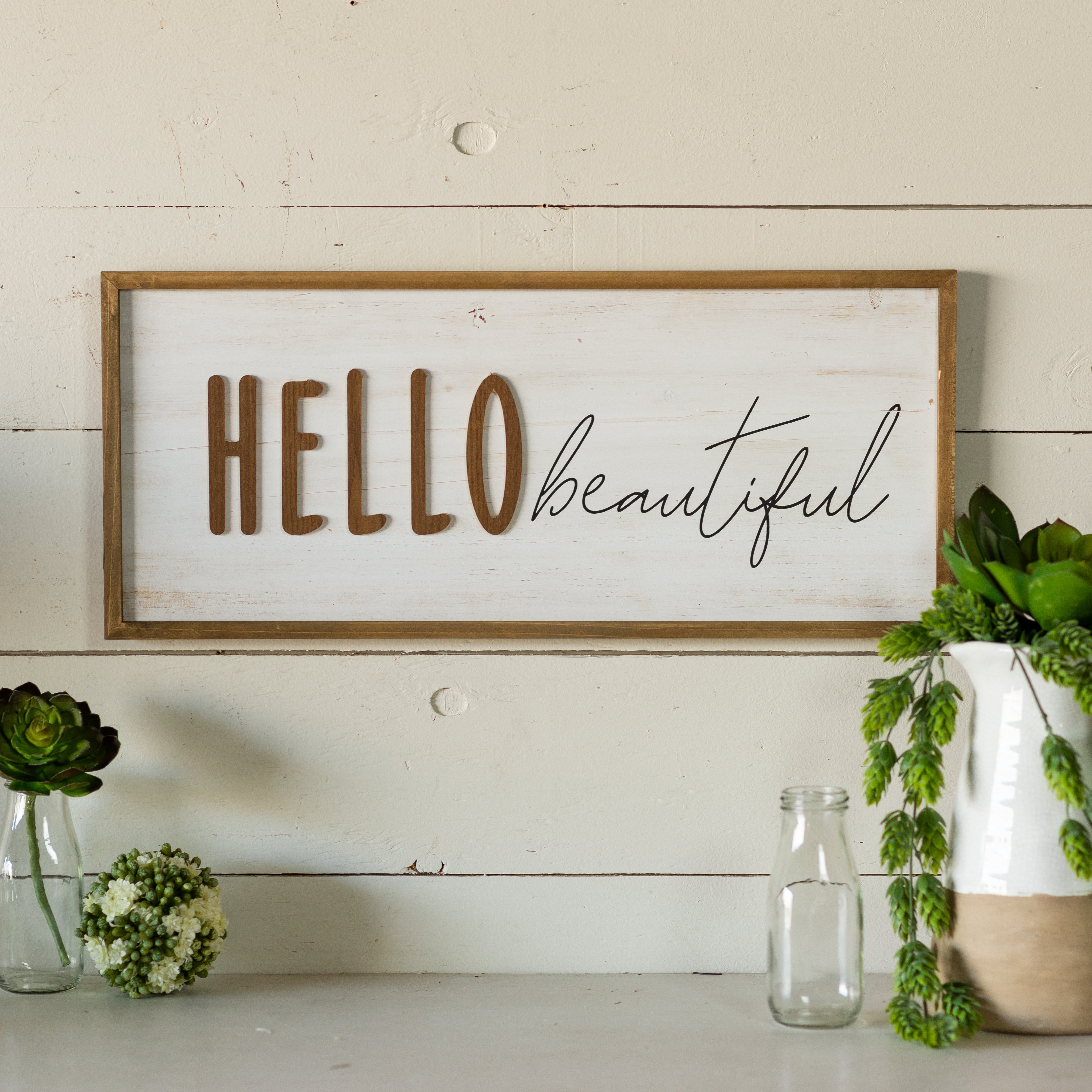 White, Brown and Black Hello Beautiful Wood Wall Sign Decor-1