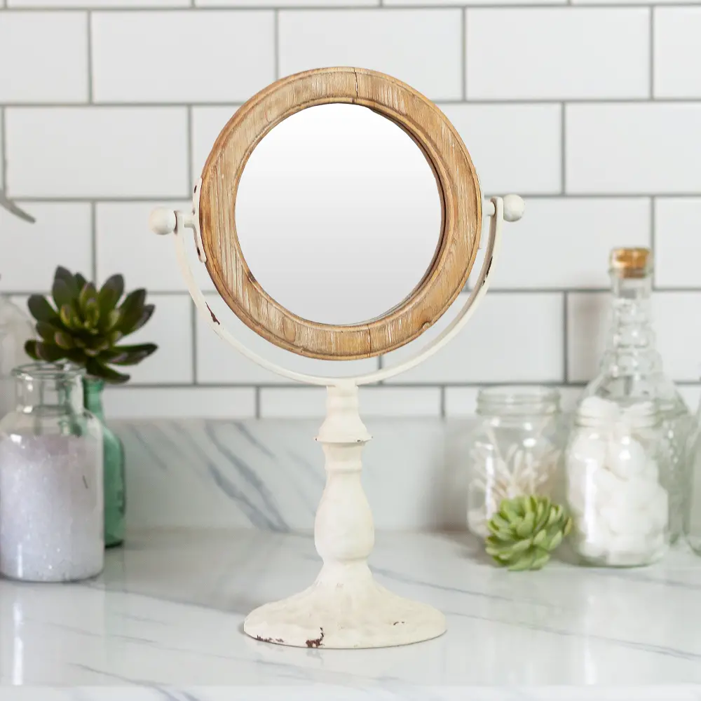 Distressed Off White Metal and Wood Standing Makeup Mirror-1