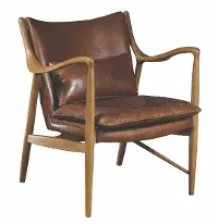Modern Eclectic Brown Leather Accent Chair with Wood Frame