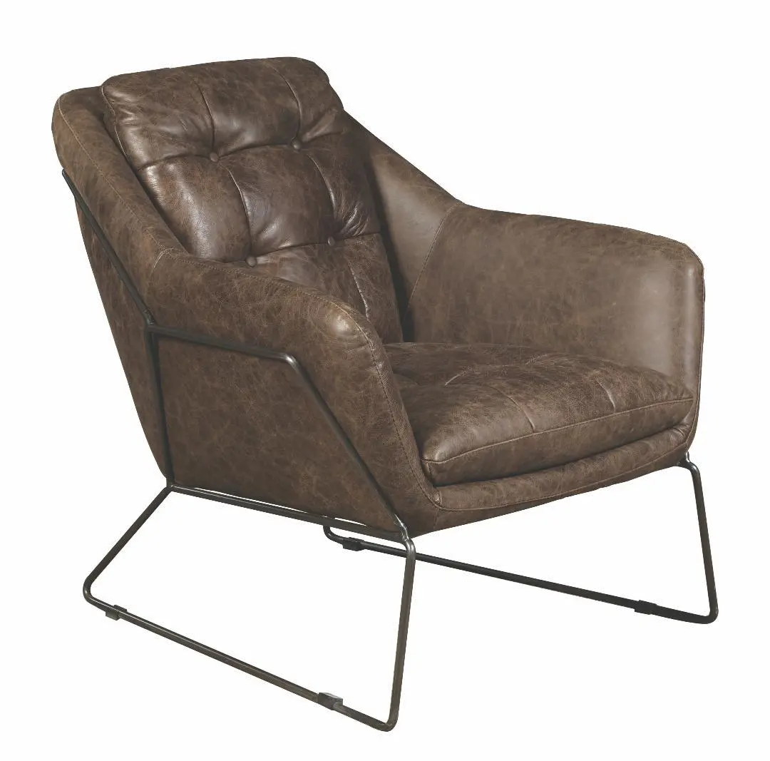 Modern Eclectic Brown Top Grain Leather Button Tufted Accent Chair-2
