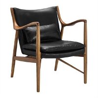 Modern Eclectic Black Leather Sling Accent Chair with Wood Frame