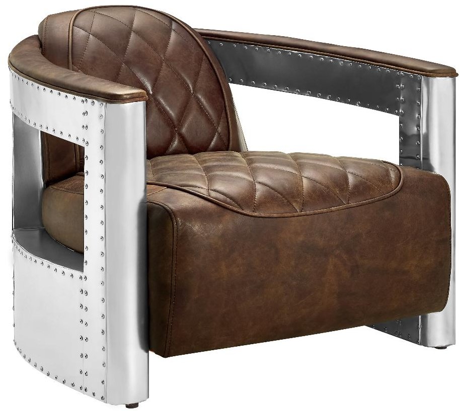 Modern Eclectic Brown Leather Aviation Chair with Riveted Metal Frame-1