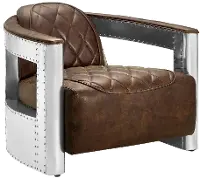 Modern Eclectic Brown Leather Aviation Chair with Riveted Metal Frame