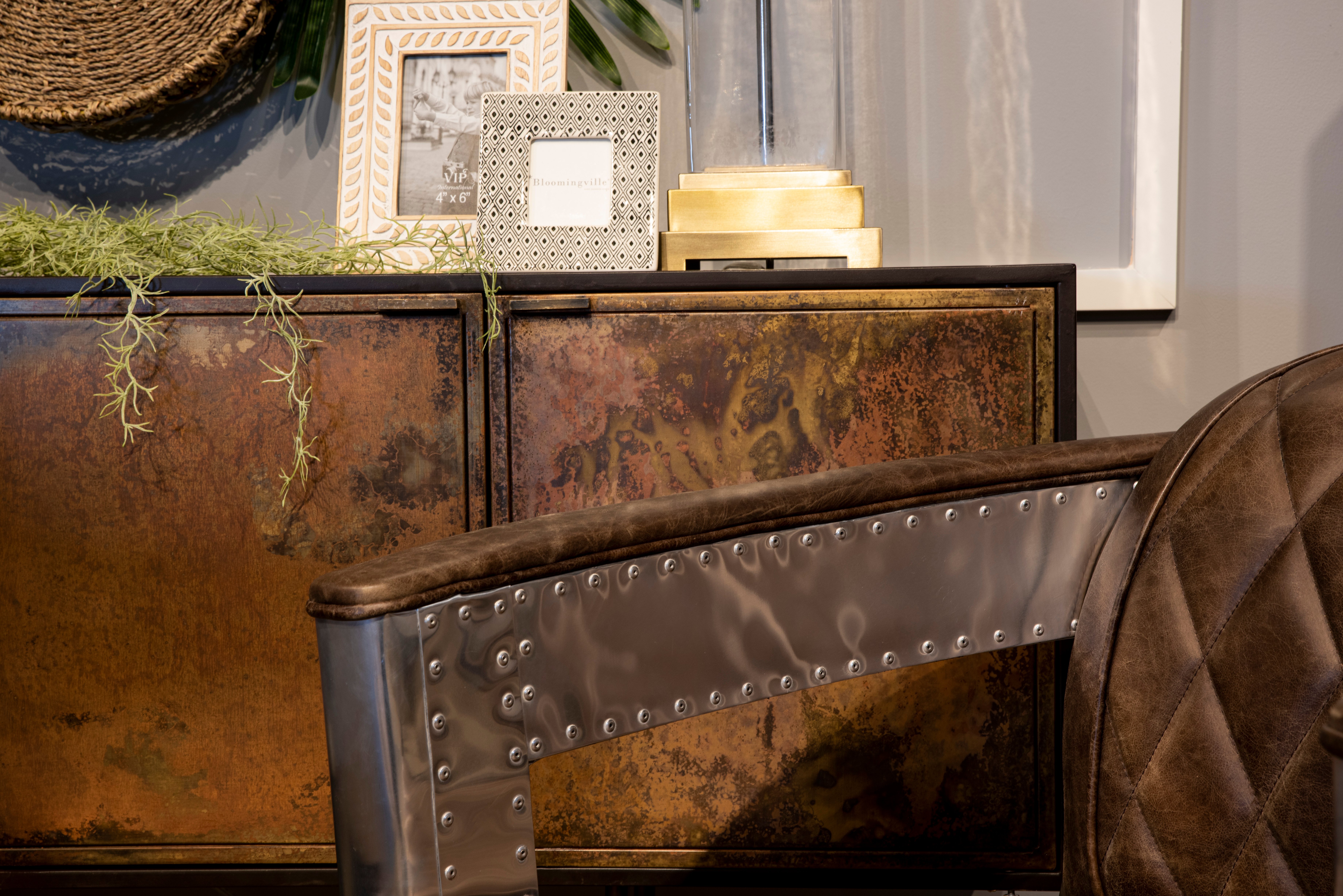 Modern Eclectic Brown Leather Aviation Chair with Riveted Metal Frame-2