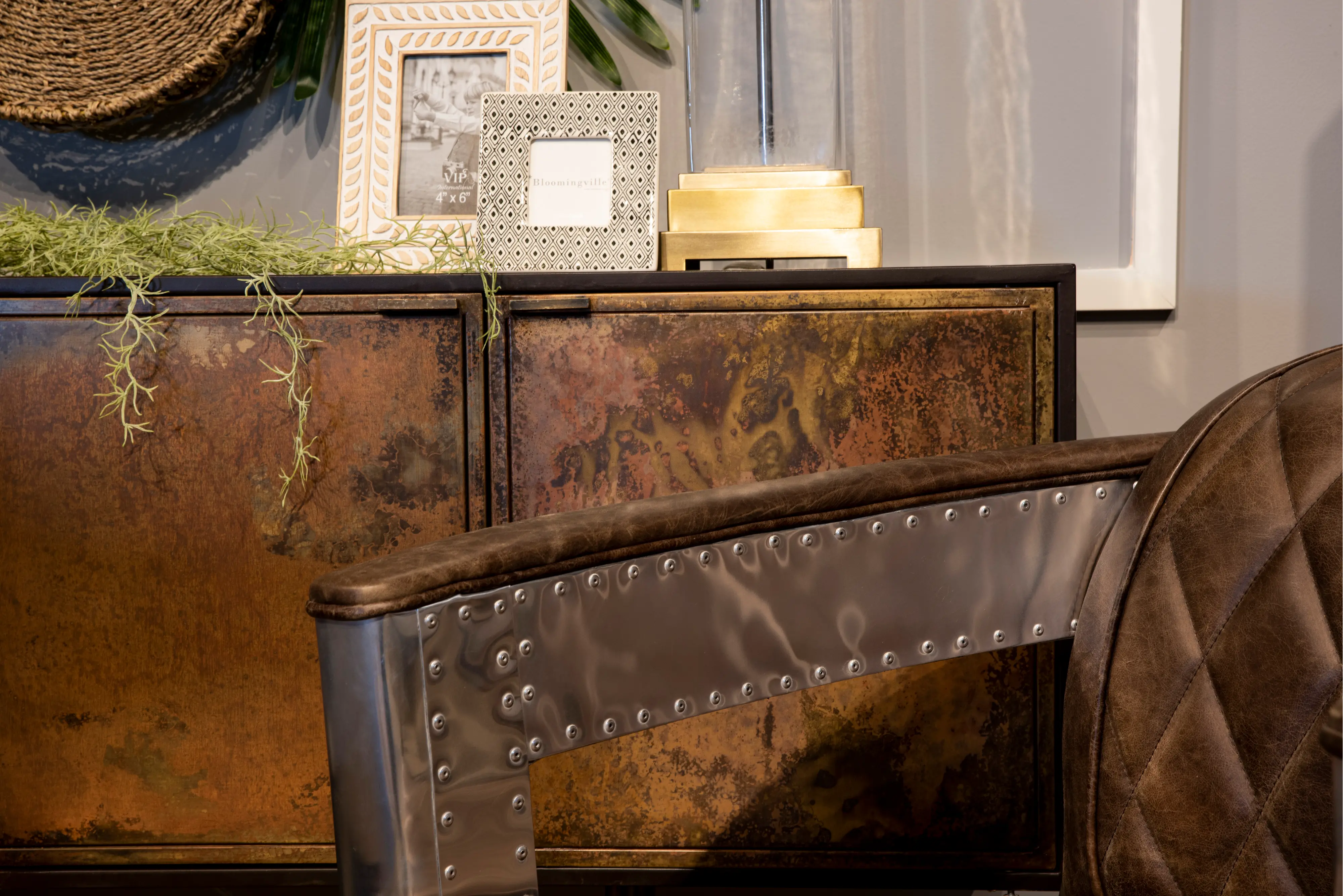 Modern Eclectic Brown Leather Aviation Chair with Riveted Metal Frame-2