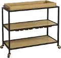 Modern Eclectic Light Oak and Iron Bar Cart on Caster Wheels