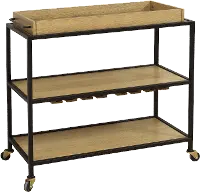 Modern Eclectic Light Oak and Iron Bar Cart on Caster Wheels