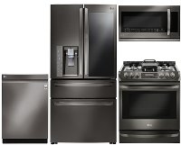 KIT LG 4 Piece Gas Kitchen Appliance Package with 22.5 cu. ft. French Door Refrigerator - Black Stainless Steel