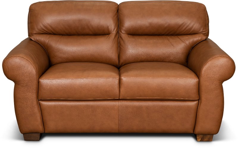 Contemporary Whiskey Brown Leather, Orange Leather Sofa And Loveseat