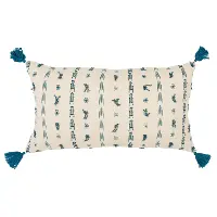 Natural and Teal Cotton Throw Pillow with Tassels