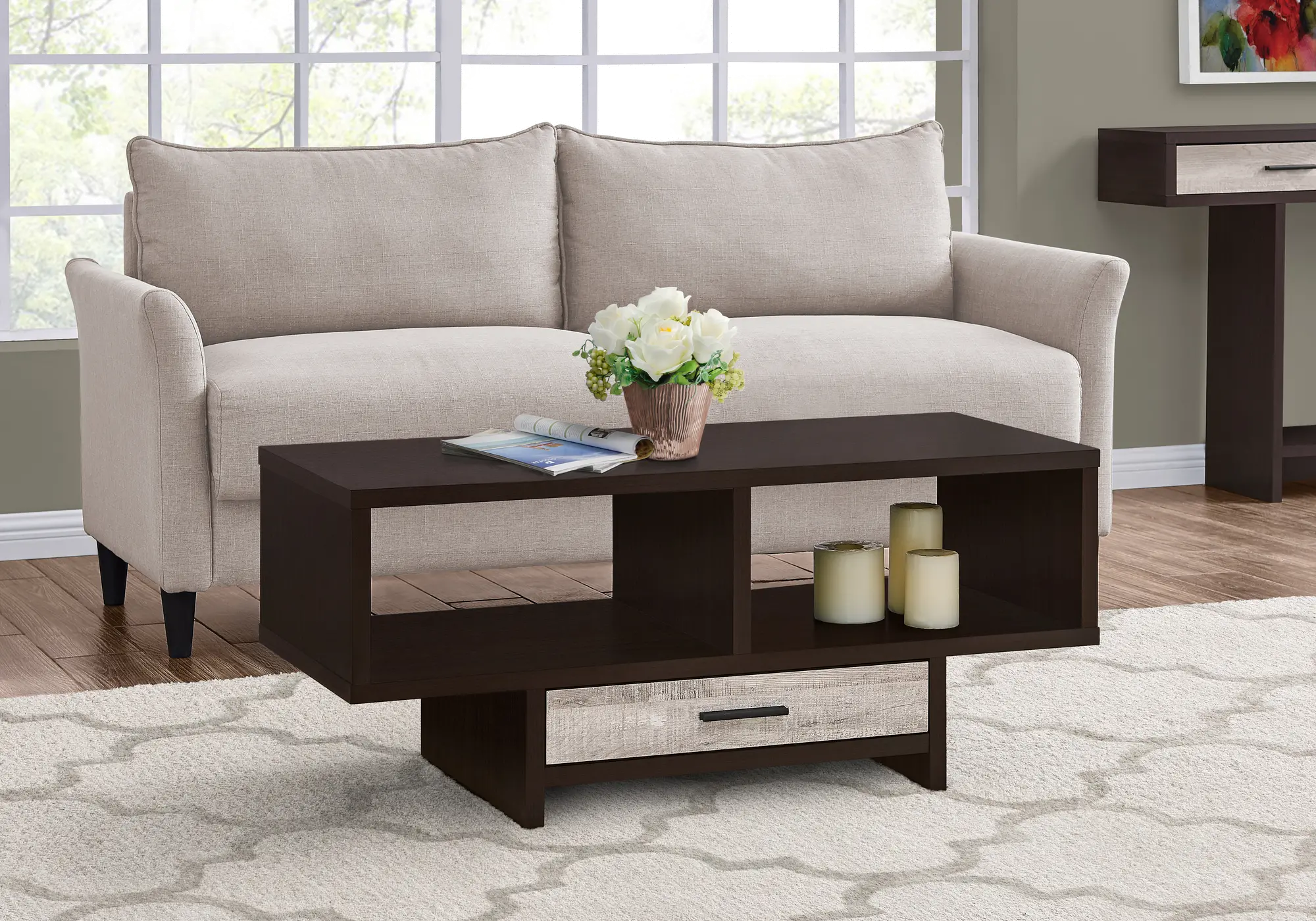 Cappuccino and Taupe Coffee Table with Storage-1