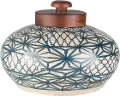 8 Inch Beige and Navy Blue Terracotta Jar with Wood Lid