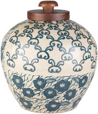 FTN-002 12 Inch Beige and Navy Blue Terracotta Jar with Wood Lid