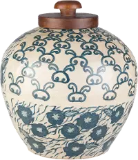 FTN-002 12 Inch Beige and Navy Blue Terracotta Jar with Wood Lid
