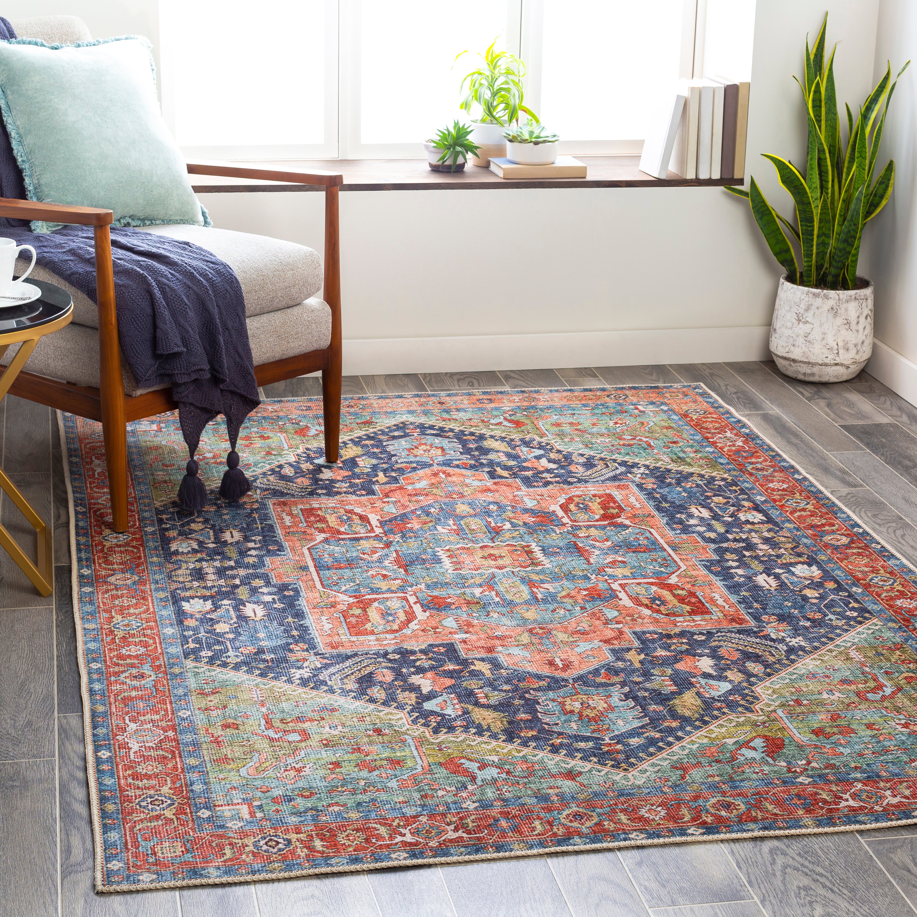 AML2311-5373 5 x 7 Medium Traditional Teal and Blush Area Rug - Amelie-4