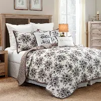 Black, Taupe and White Floral Queen 3 Piece Quilt Set - Lyla