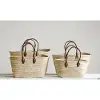 Clearance 10 Inch Hand Woven Tan Moroccan Basket with Leather Handles