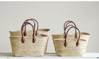 9 Inch Hand Woven Tan Moroccan Basket with Leather Handles