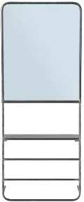 DF1090/METALMIR Distressed Dark Gray Metal Wall Mirror with Rods and Shelf
