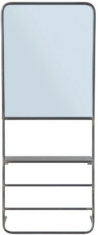 Distressed Dark Gray Metal Wall Mirror with Rods and Shelf