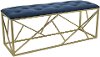 Tufted Blue Upholstered Bench with a Gold Metal Base