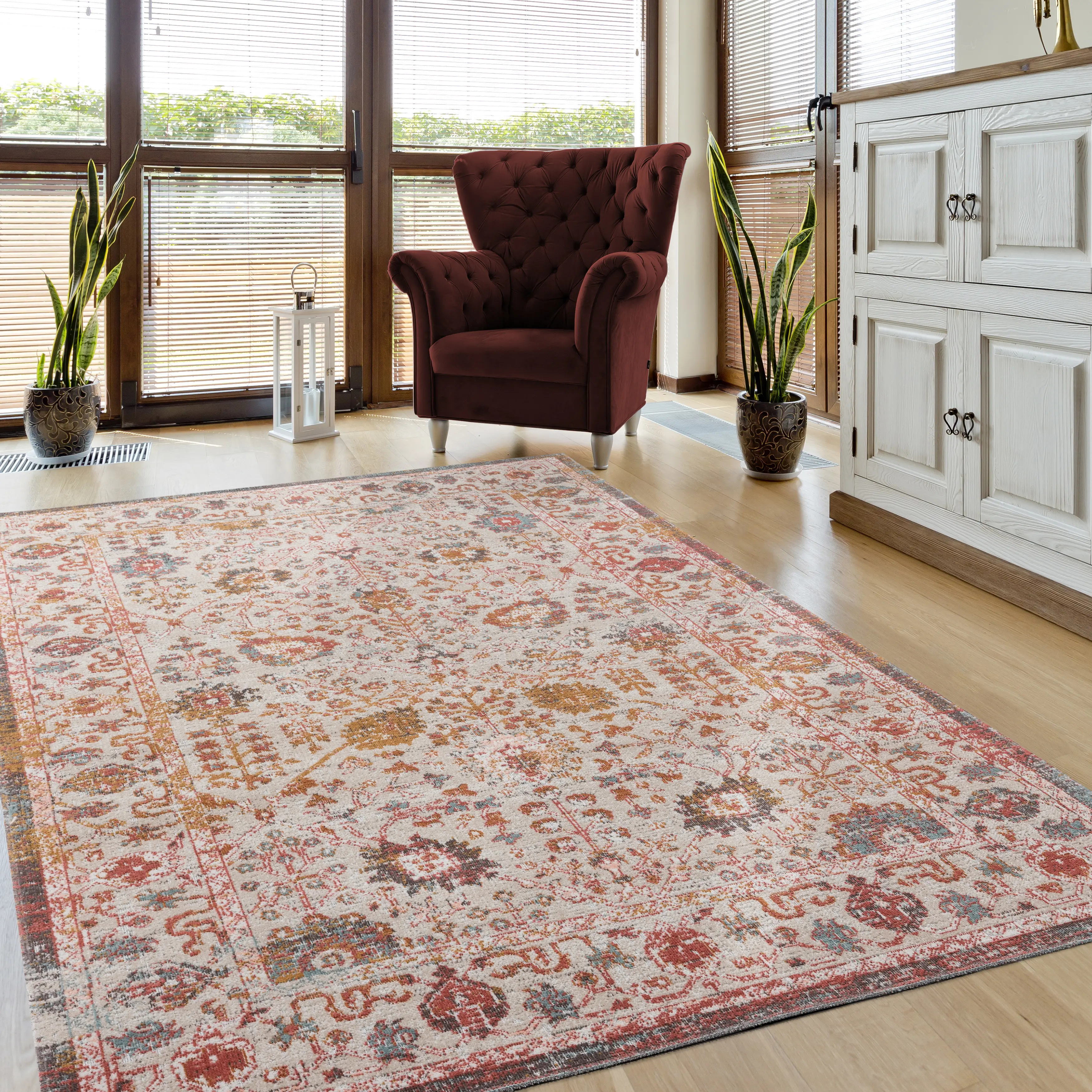 5 x 8 Medium Bohemian Beige and Rust Indoor-Outdoor Area Rug - Antiquity-2