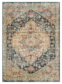 5 x 8 Medium Navy Blue, Faded Green, and Gold Area Rug - Marrakesh