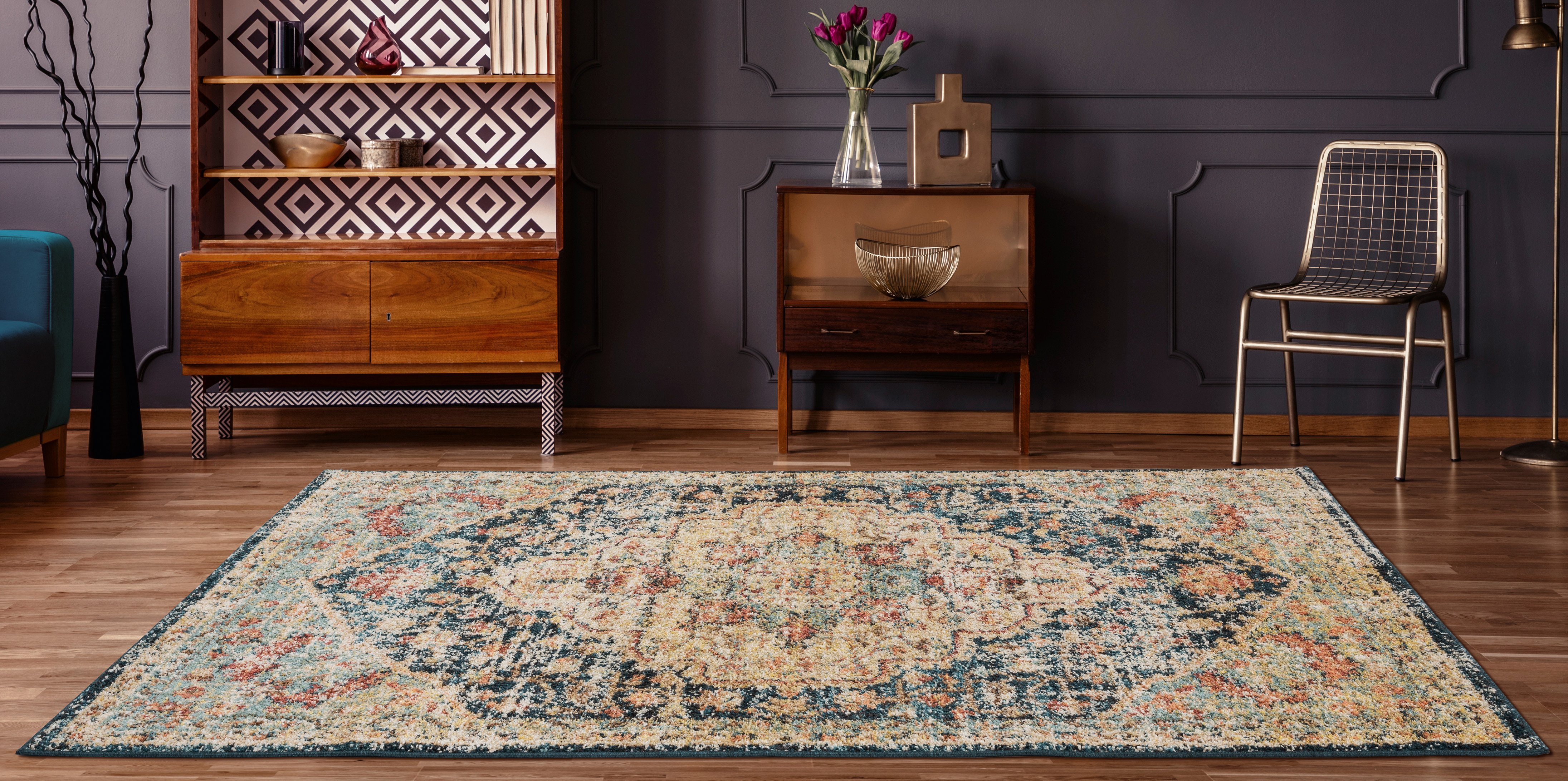 5 x 8 Medium Navy Blue, Faded Green, and Gold Area Rug - Marrakesh-4