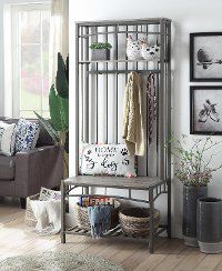 Washed Walnut and Gray Metal Entry Hall Bench