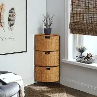 Honey Wicker and Black Metal Corner Three Drawer Unit