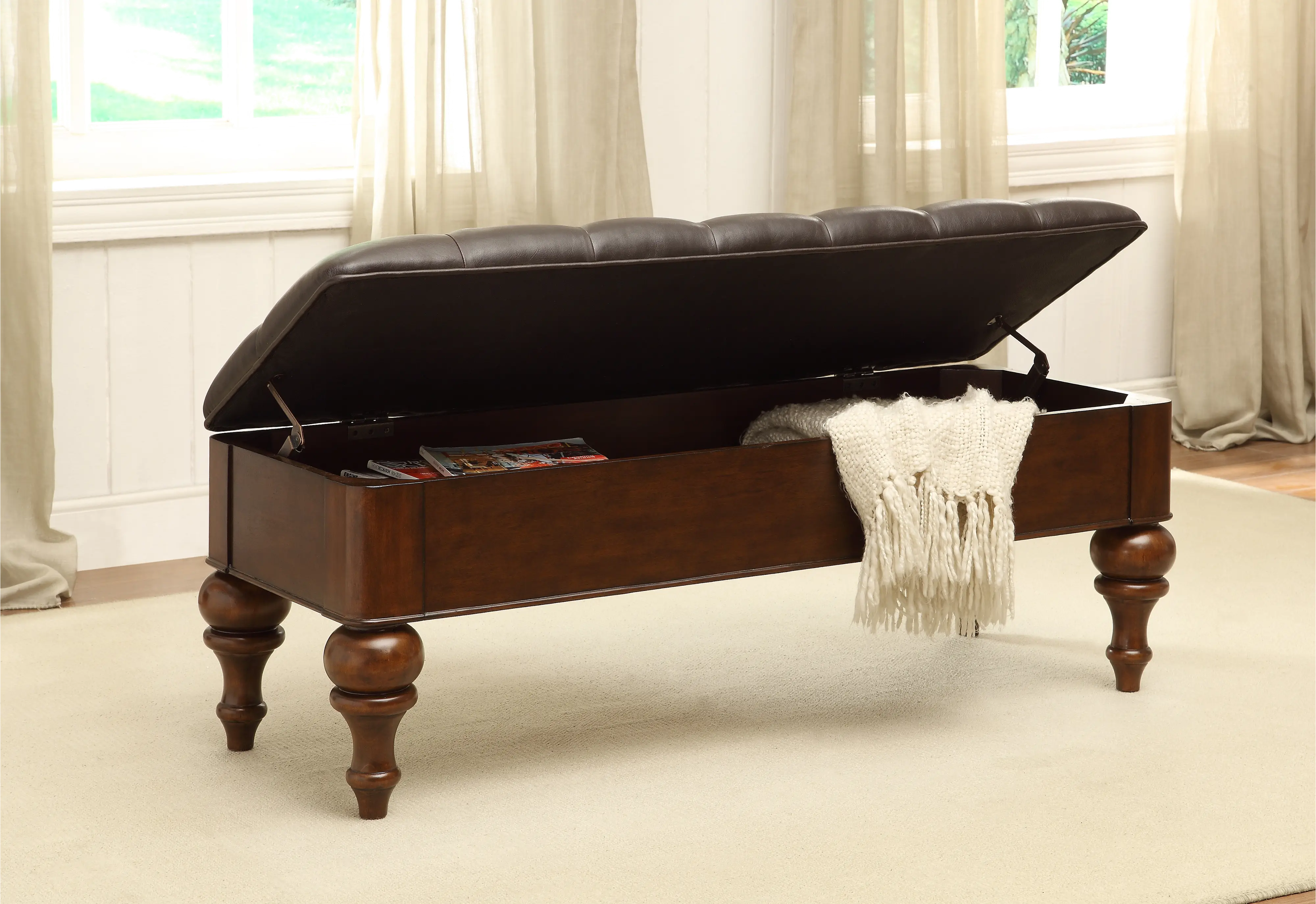 Traditional Brown Storage Bench with Dark Brown Faux Leather Cushion-1