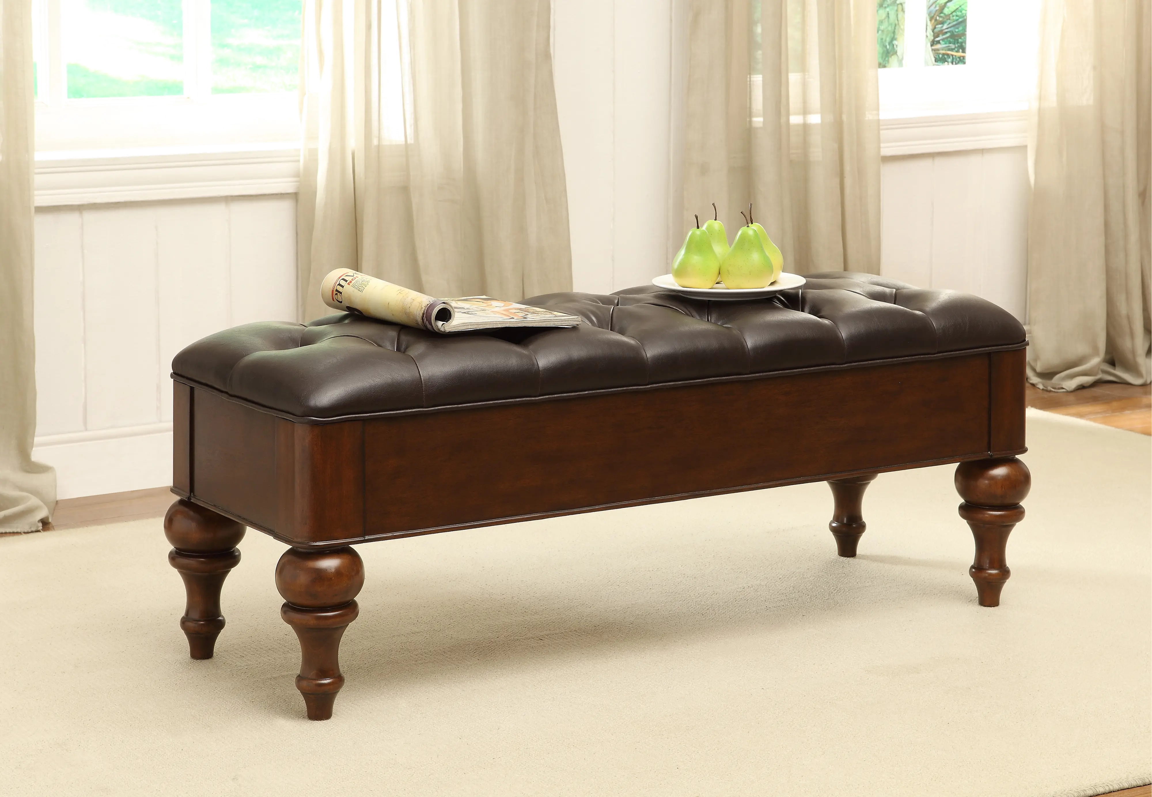 Traditional Brown Storage Bench with Dark Brown Faux Leather Cushion-3