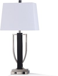 Black Wood and Brushed Steel Metal Table Lamp with USB Outlet