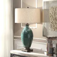 Mottled Green Table Lamp with Antique Brass Details
