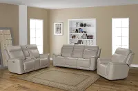 Cream Leather Triple Power Reclining Loveseat - Burbank