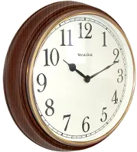 15 Inch Round Brown Wood-Look Wall Clock with Gold Bezel