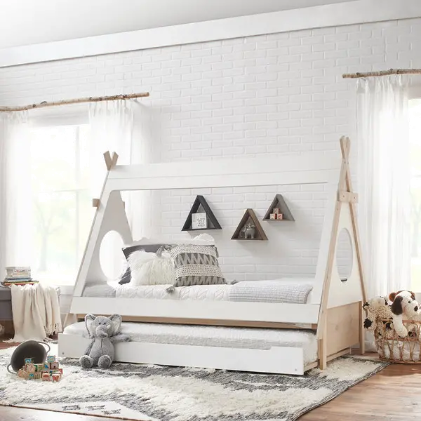 Modern White and Pine Twin Teepee Bed with Trundle-1