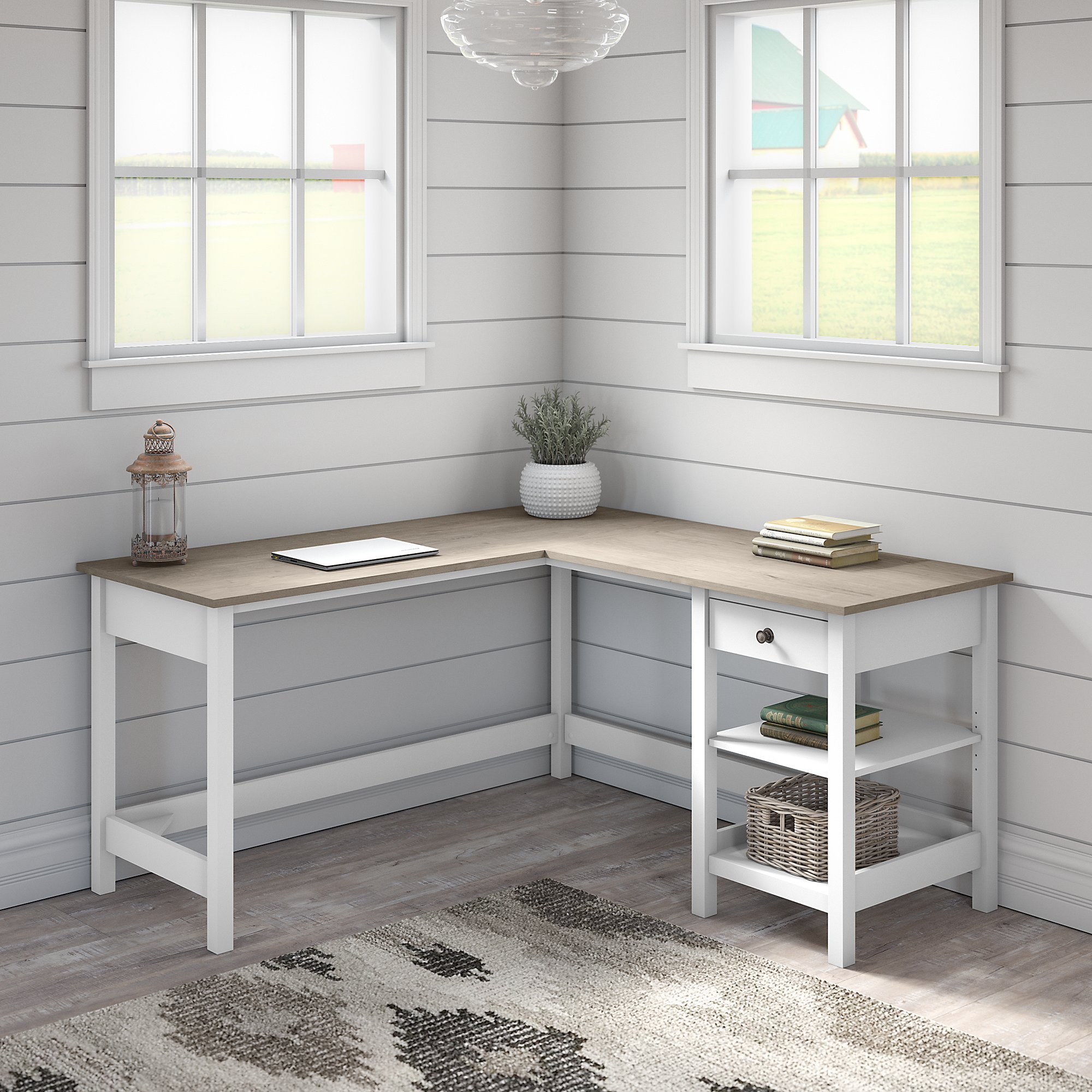 White and Gray Single Pedestal L-Desk - Mayfield-1