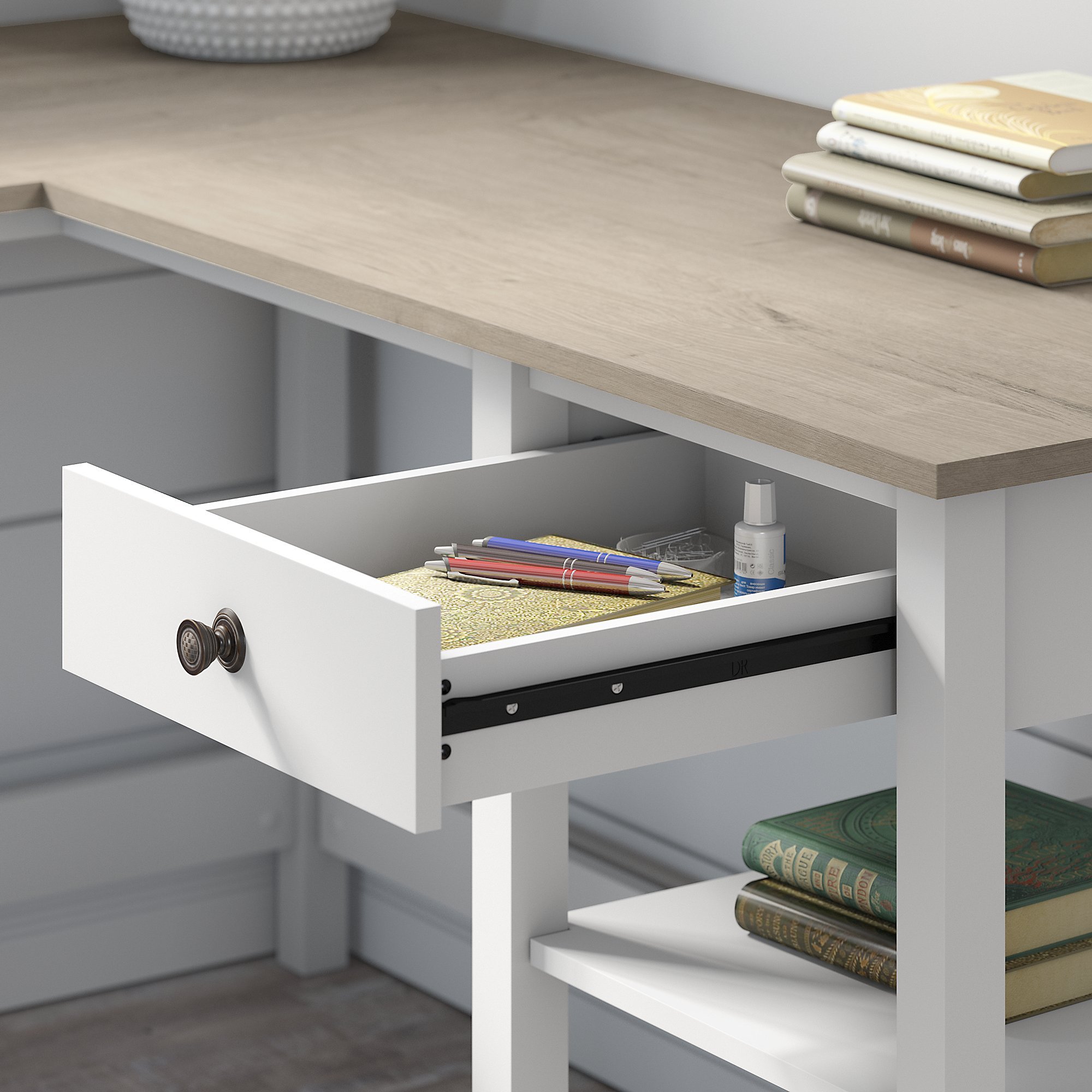 White and Gray Single Pedestal L-Desk - Mayfield-2