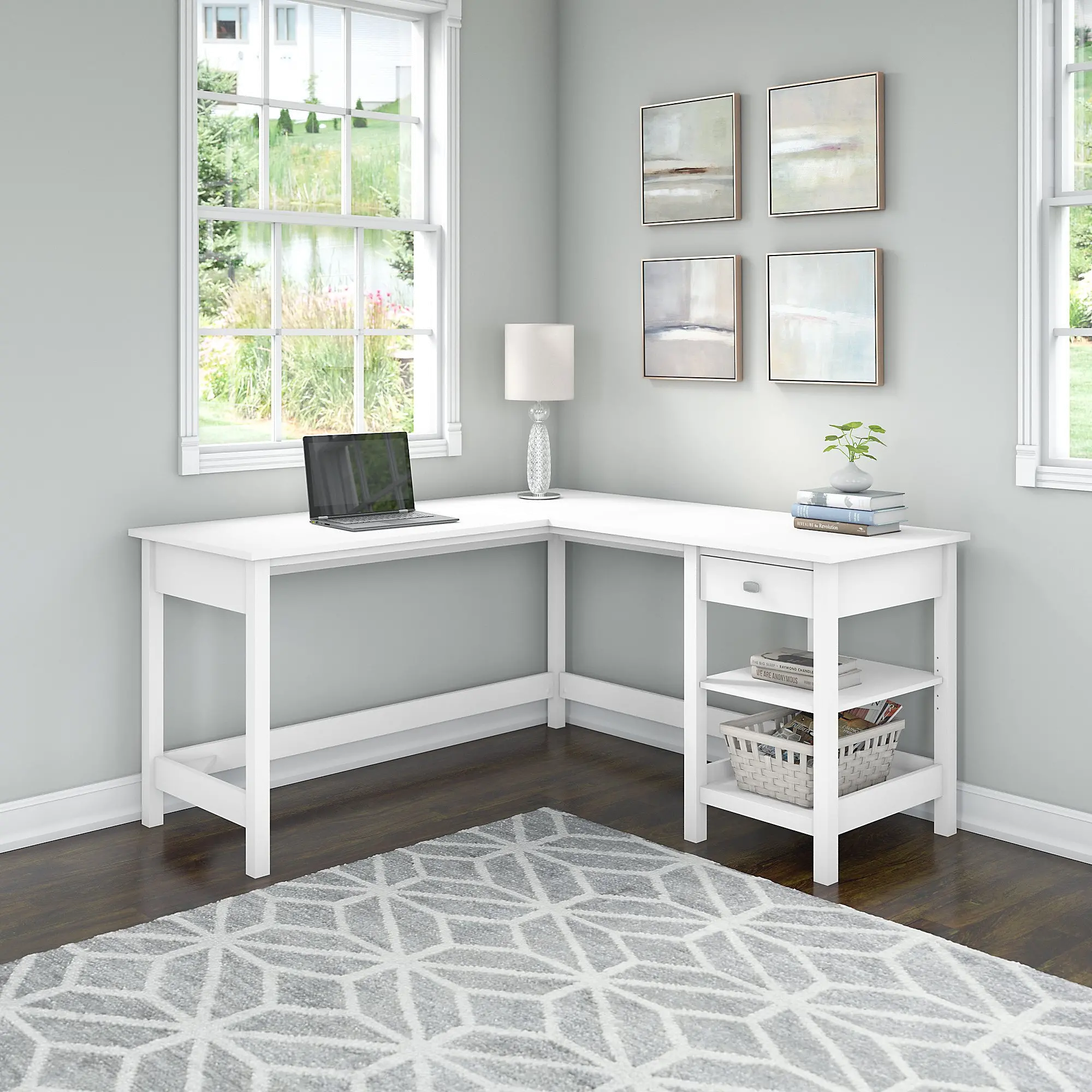 BDD260WH-03 Pure White Single Pedestal L-Desk - Broadview-1